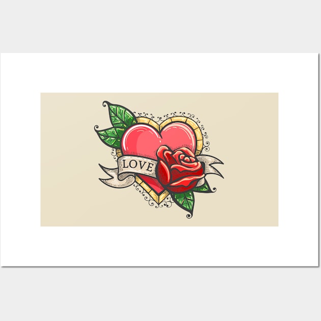 Heart, rose flowers, ribbon and word Love Wall Art by devaleta